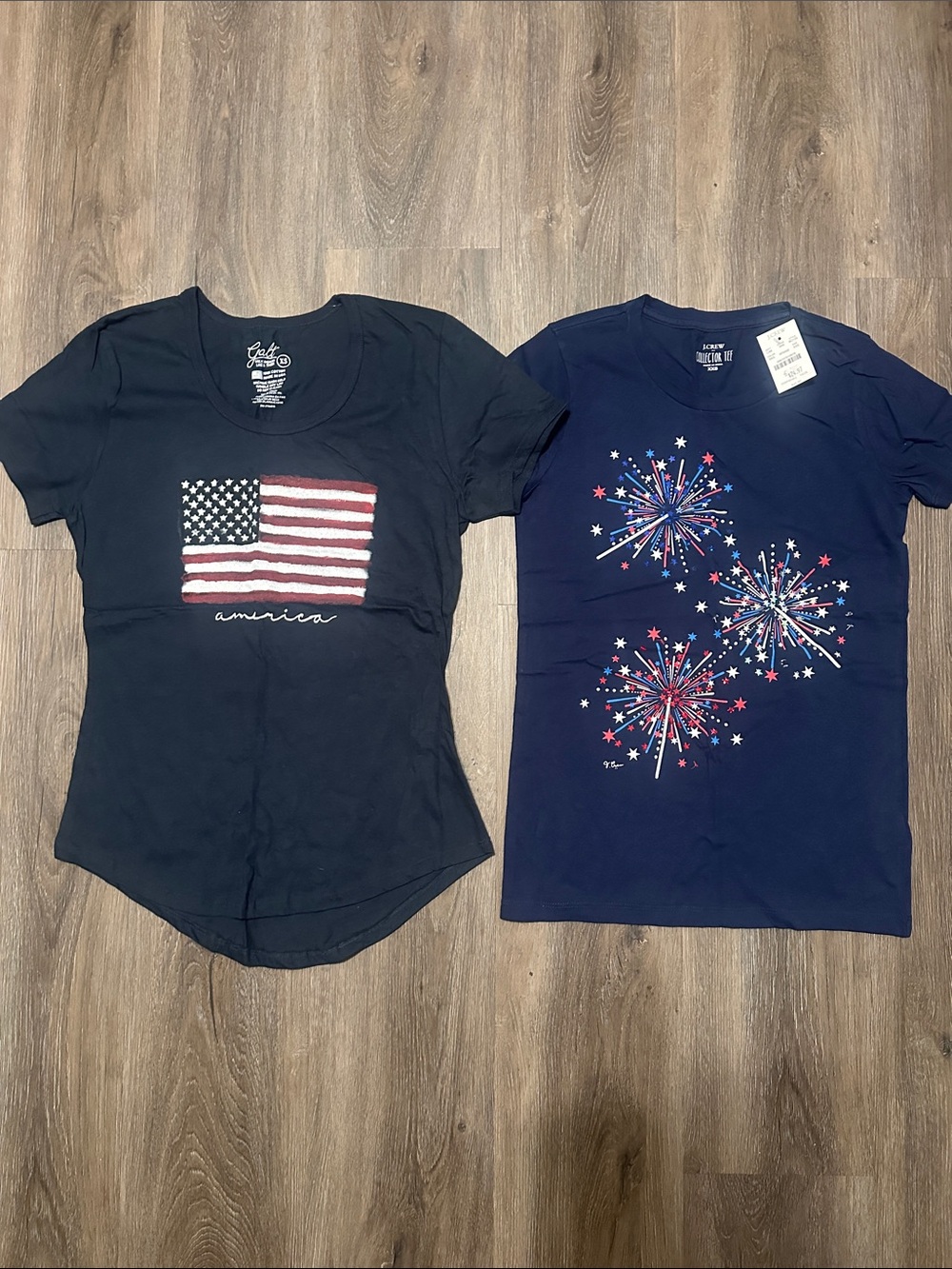 Women Navy Patriotic Graphic Tees - Flag & Fireworks Designs